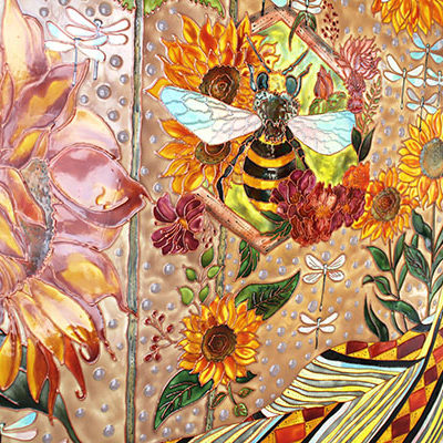 Круглая картина «Аргентинские подсолнухи» стрекозы и пчелы
