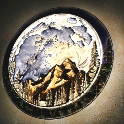 Витражный светильник Луна и золотые горы — ручная роспись с пультом настенный, потолочный